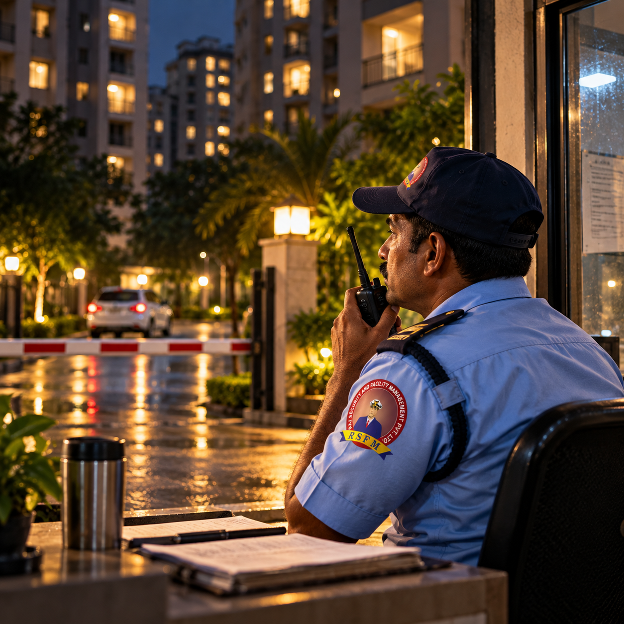 Professional security guard protecting a residential and commercial property in Pune